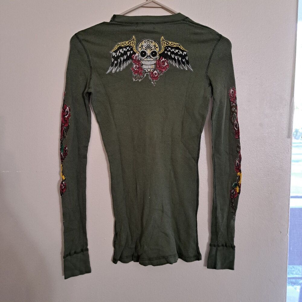 Lucky Brand Top Womens XS Green Fitted Thermal Skull Y2K Grunge Alt Biker